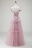 Robe de soirée rose en Tulle à épaules dénudées avec des Appliques