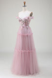 Robe de soirée rose en Tulle à épaules dénudées avec des Appliques