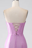 Robe de soirée Corset sirène violet sans bretelles avec plissé