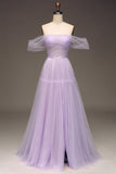 Lilas Off the Shoulder Une Ligne Tulle Princesse Robe De Soirée Avec Fente