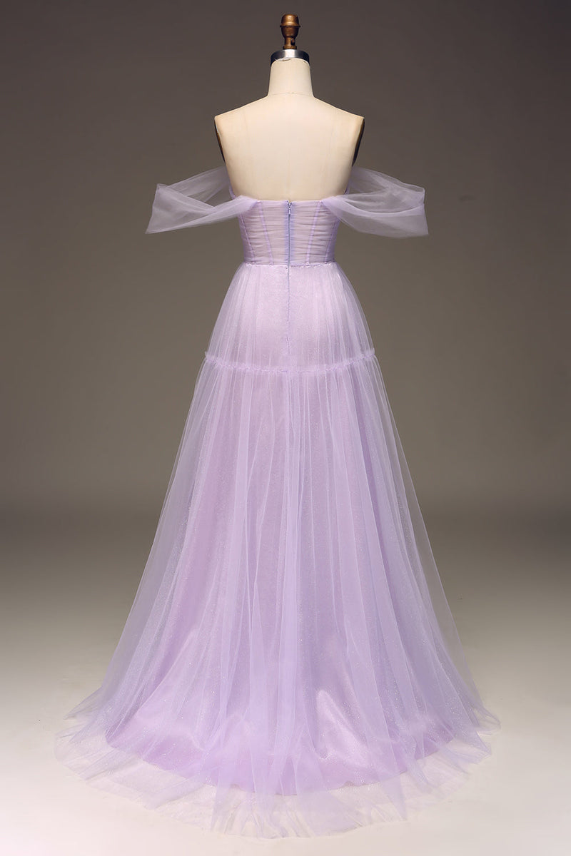 Charger l&#39;image dans la galerie, Lilas Off the Shoulder Une Ligne Tulle Princesse Robe De Soirée Avec Fente
