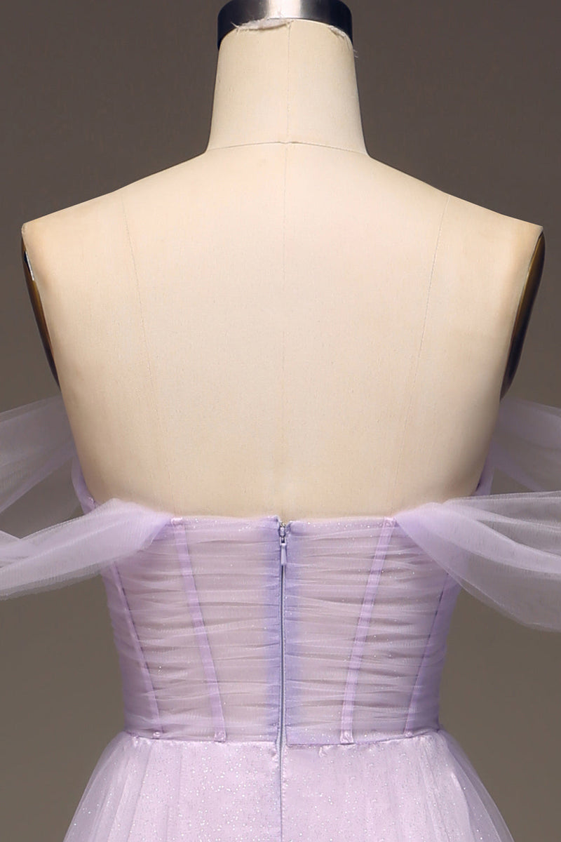 Charger l&#39;image dans la galerie, Lilas Off the Shoulder Une Ligne Tulle Princesse Robe De Soirée Avec Fente