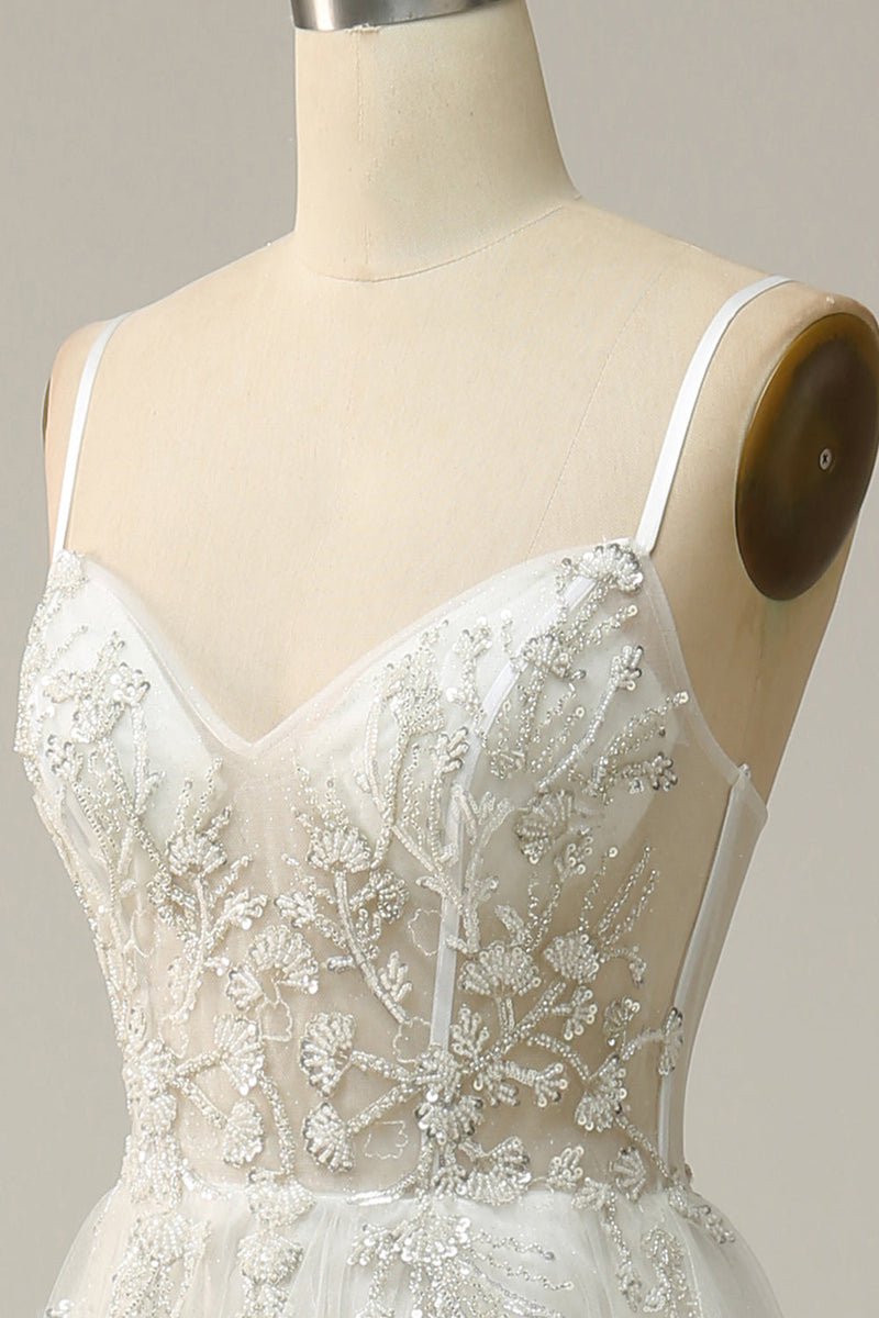 Charger l&#39;image dans la galerie, Une ligne Robe de mariée longue blanche à bretelles spaghetti avec appliques