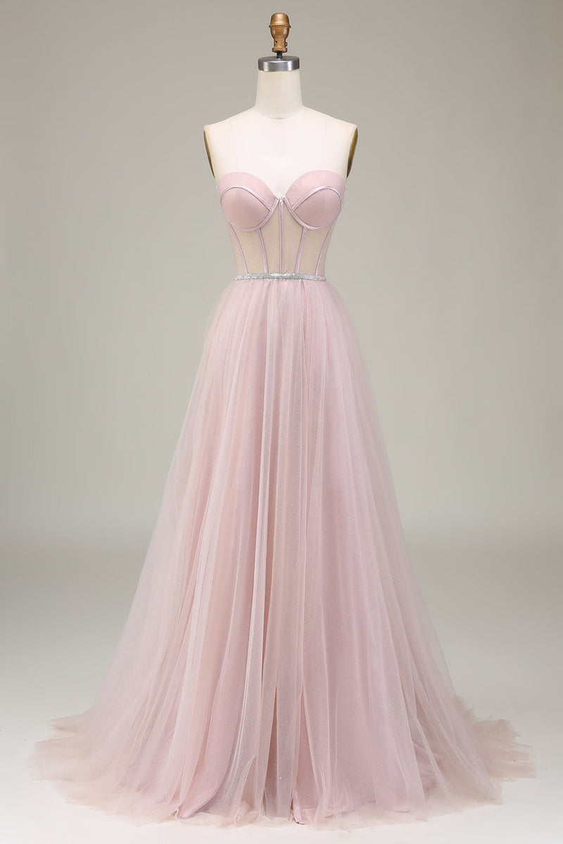Charger l&#39;image dans la galerie, Tulle chérie rose clair robe de soirée avec corset