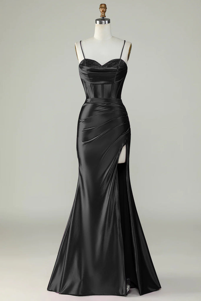 Robes de bal satin soyeux sirène dentelle  fente latérale sexy bretelles spaghetti