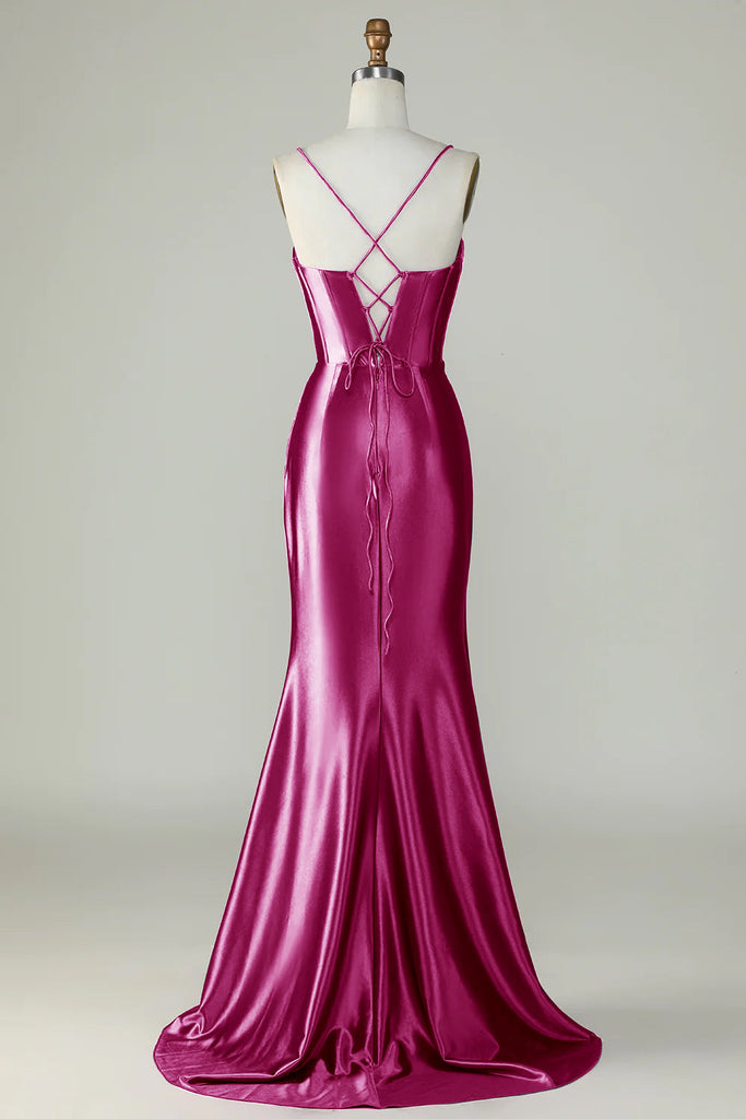 Robes invitée mariage sexy sirène plissé bretelles spaghetti fente Split longue