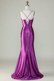 Sangles Spaghetti Violet foncé Sirène Robe longue bal avec fente