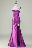 Robe de bal longue corset à bretelles spaghetti sirène orange avec fente