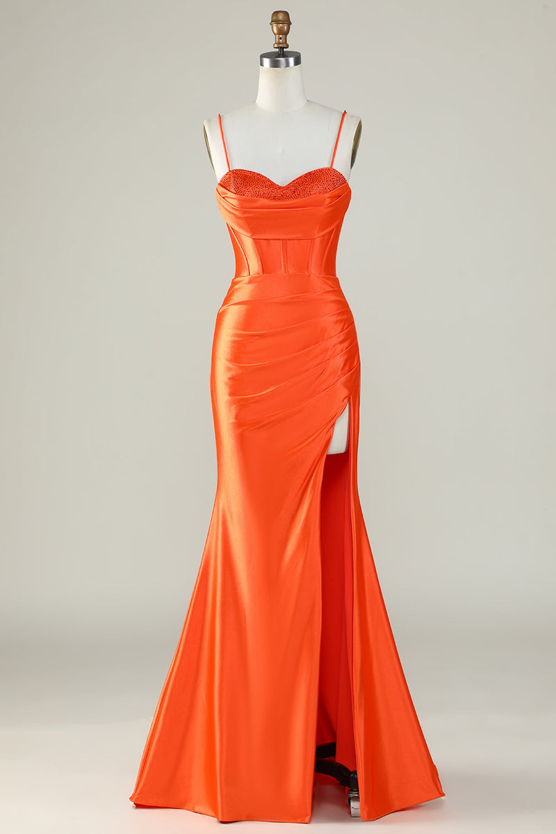 Charger l&#39;image dans la galerie, Robe de bal longue corset à bretelles spaghetti sirène orange avec fente