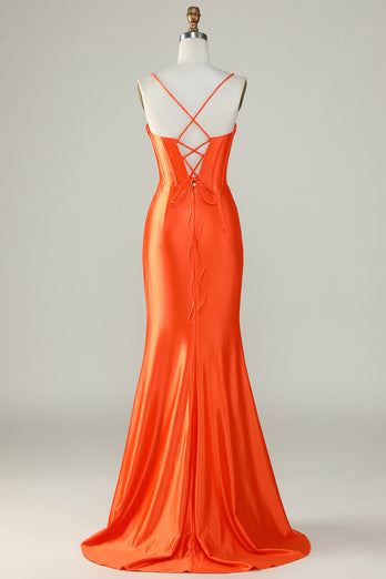 Robe de bal longue corset à bretelles spaghetti sirène orange avec fente
