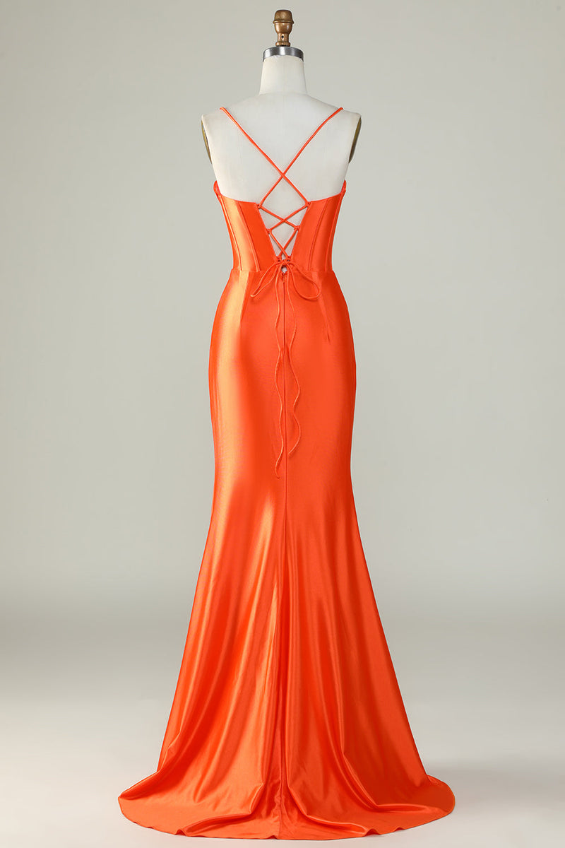 Charger l&#39;image dans la galerie, Robe de bal longue corset à bretelles spaghetti sirène orange avec fente