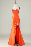 Robe de bal longue corset à bretelles spaghetti sirène orange avec fente