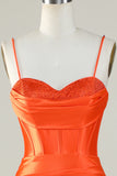 Robe de bal longue corset à bretelles spaghetti sirène orange avec fente