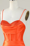 Robe de bal longue corset à bretelles spaghetti sirène orange avec fente