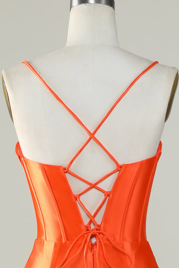 Robe de bal longue corset à bretelles spaghetti sirène orange avec fente