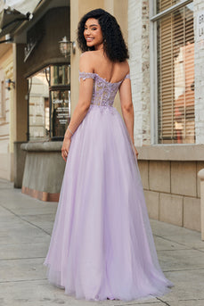 Magnifique une ligne hors de l’épaule violet Corset robe de soirée avec des Appliques
