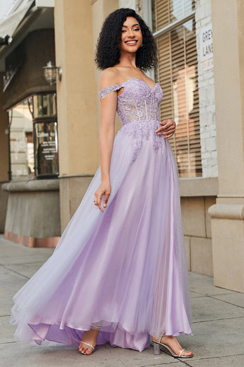 Magnifique une ligne hors de l’épaule violet Corset robe de soirée avec des Appliques