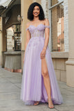 Magnifique une ligne hors de l’épaule violet Corset robe de soirée avec des Appliques