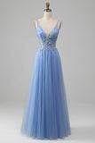 Robe de bal en tulle à col en V bleu clair avec appliques