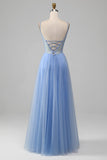 Robe de bal en tulle à col en V bleu clair avec appliques