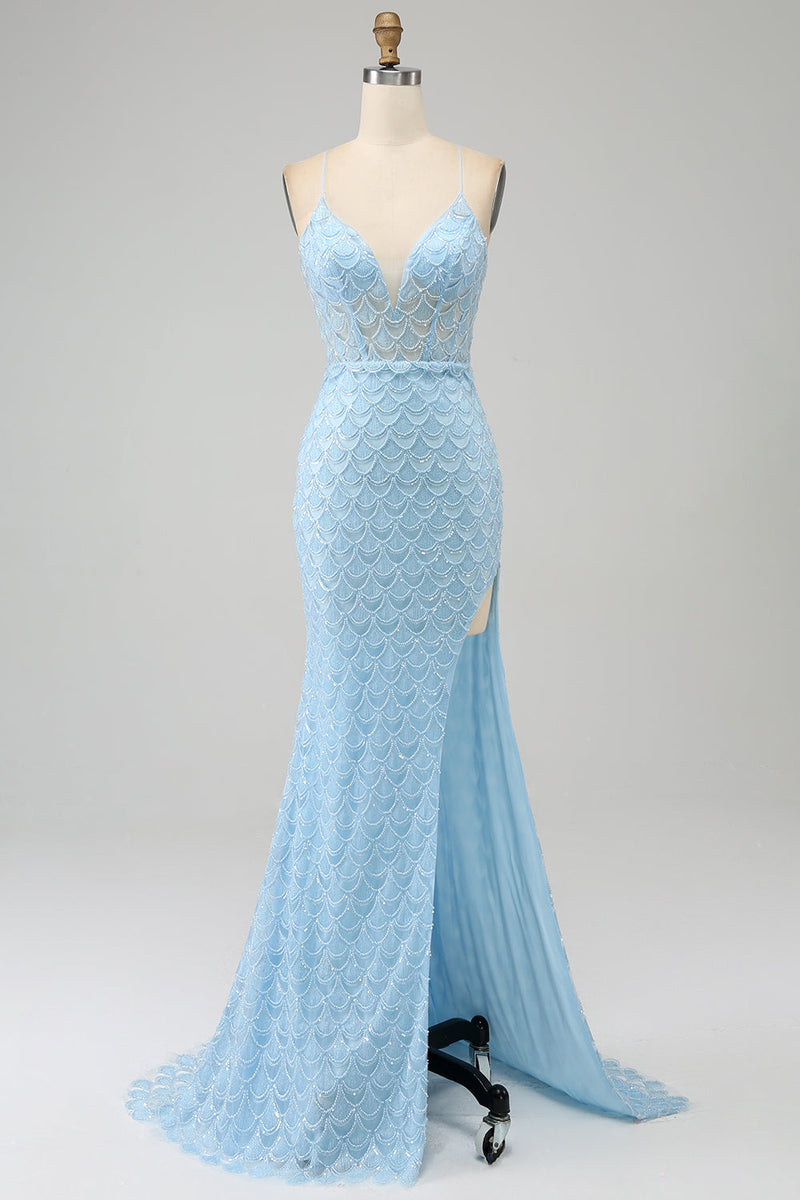 Charger l&#39;image dans la galerie, Glitter Bleu clair Spaghetti Bretelles Sirène Robe de soirée avec fente