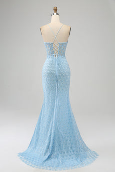 Glitter Bleu clair Spaghetti Bretelles Sirène Robe de soirée avec fente