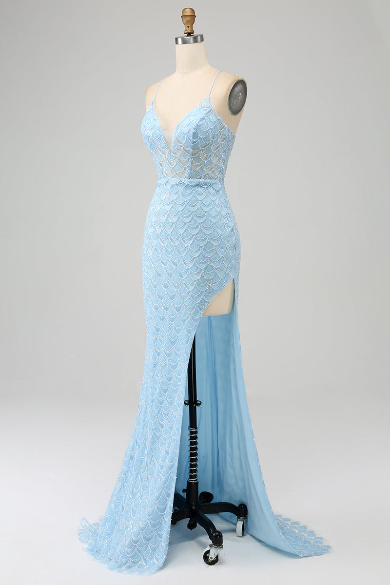 Charger l&#39;image dans la galerie, Glitter Bleu clair Spaghetti Bretelles Sirène Robe de soirée avec fente