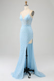 Glitter Bleu clair Spaghetti Bretelles Sirène Robe de soirée avec fente