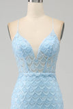 Glitter Bleu clair Spaghetti Bretelles Sirène Robe de soirée avec fente