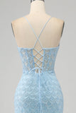 Glitter Bleu clair Spaghetti Bretelles Sirène Robe de soirée avec fente