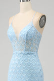 Glitter Bleu clair Spaghetti Bretelles Sirène Robe de soirée avec fente