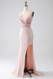 Robe de soirée de sirène perlée rose paillettes avec fente