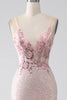 Charger l&#39;image dans la galerie, Robe de soirée de sirène perlée rose paillettes avec fente