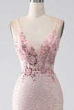 Robe de soirée de sirène perlée rose paillettes avec fente