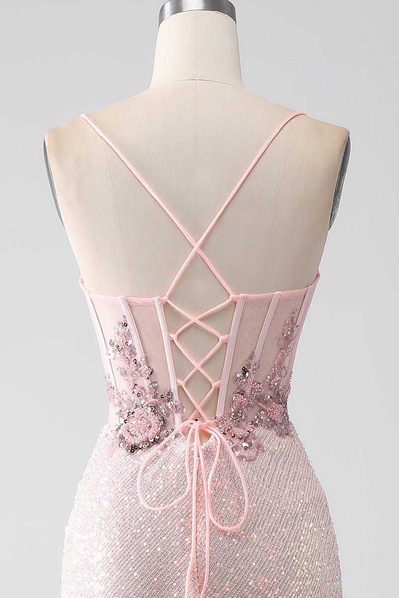 Charger l&#39;image dans la galerie, Robe de soirée de sirène perlée rose paillettes avec fente