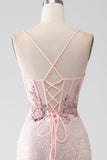 Robe de soirée de sirène perlée rose paillettes avec fente