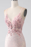 Robe de soirée de sirène perlée rose paillettes avec fente