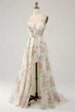 Robe de bal ivoire imprimée fleur trapèze avec fente