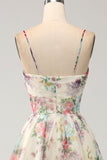 Robe de bal ivoire imprimée fleur trapèze avec fente