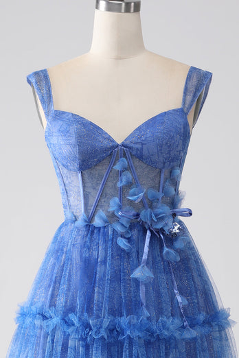 Robe de soirée corset en tulle bleu imprimé A Line