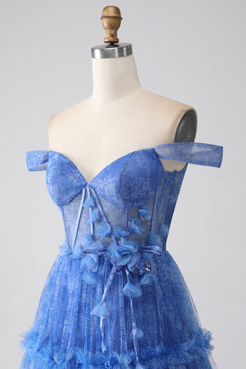 Robe de soirée corset en tulle bleu imprimé A Line