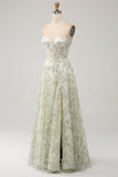 Robe de soirée Corset vert clair A-ligne avec broderie