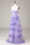 Lavande bustier à plusieurs niveaux Tulle Corset robe de Soirée avec Appliques