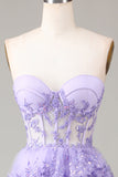 Lavande bustier à plusieurs niveaux Tulle Corset robe de Soirée avec Appliques