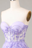 Lavande bustier à plusieurs niveaux Tulle Corset robe de Soirée avec Appliques