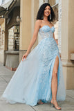 Charmante une ligne chérie bleu Corset robe de soirée avec fente de perles