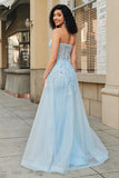 Charmante une ligne chérie bleu Corset robe de soirée avec fente de perles