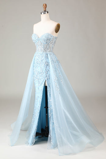Corset bleu bustier une robe de Soirée ligne avec fente