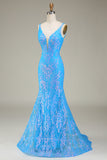 Robe de bal sirène à col en V profond bleu scintillant