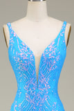 Robe de bal sirène à col en V profond bleu scintillant